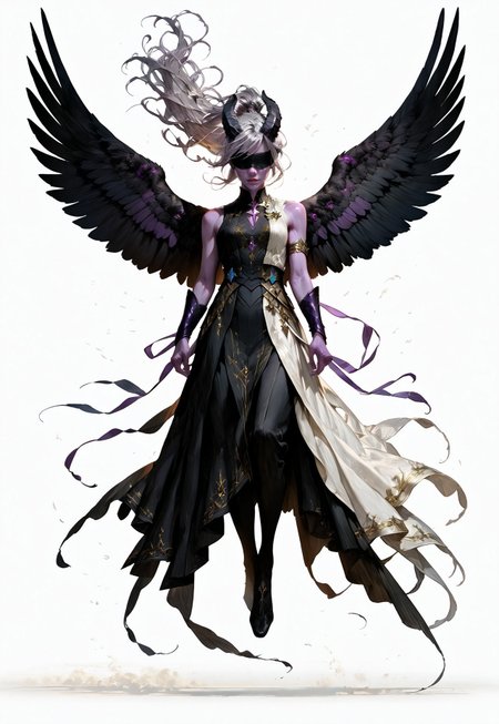 (absurdres, best quality, masterpiece:1.4), 
score_9, score_8_up, score_7_up, score_6_up, 
detailed, 
detailed body, 
detailed face, 
(((smooth skin, unbroken skin, detailed skin))), 
fantasy, 
alone, 

female, 
tiefling, 
h0rns, 
ram horns, 
black horns, 
tall, 
((((purple skin)))), 
((long grey hair, ponytail)), 
(((wingsd, black wings))),

floating, flying, hovering, weightless, 

(white robe, sleeveless, 
blindfold, black cloth blindfold), 

(((white background, plain background))), 
full body, 
front view, 