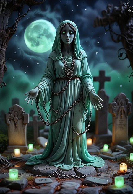 (medium full shot) of (eerie ghost) ethereal figure, transparent fading body, fading hands, glowing green eyes, bluish, semi-transparent, shimmering faintly with an eerie glow, vengeful, chains around its wrists,  set in  a desolate graveyard, with broken graves, mournful spirits, a chilling presence, during a full moon, amidst a thick fog,  Masterpiece,best quality, very aesthetic
