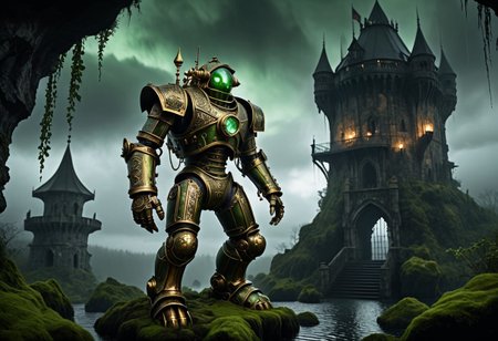 giant bipedal robot brass and dirty green
 striped paint, bronze paisley robot. lacy robot metal. diving helmet torso head. outside of a steampunk keep. large detailed torso. dark image. one forty foot tall ancient robot with great arms and two heavy spring legs. dark foggy night background. $dark foggy night image only. dark photo realistic image. steampunk details. cogs, chains and pipes incorporated in the fantasy buildings. magic wizards tower in background. Dark swamp, moss, castle ruins, wizards tower. stormy dark night. stormy sky. rain.