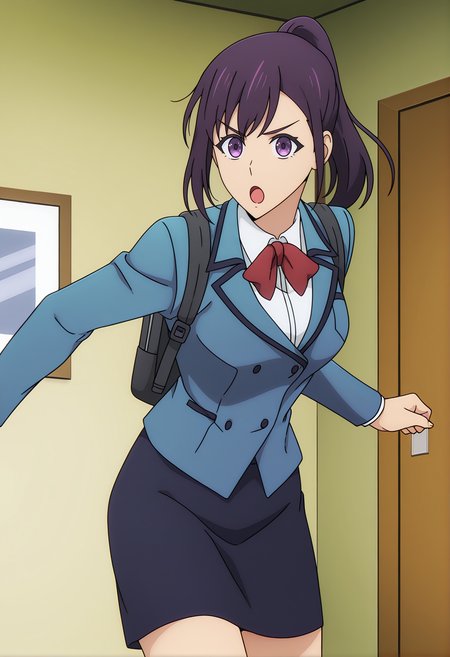 <lora:Sung Jin ah_illustrious-000038:1>,
Sung Jin-ah,solo,open mouth,looking at viewer,red bowtie,blue jacket,shirt,anime coloring,white shirt,upper body,indoors,bag,parody,backpack,:o,v-shaped eyebrows,dark blue skirt,cowboy_shot