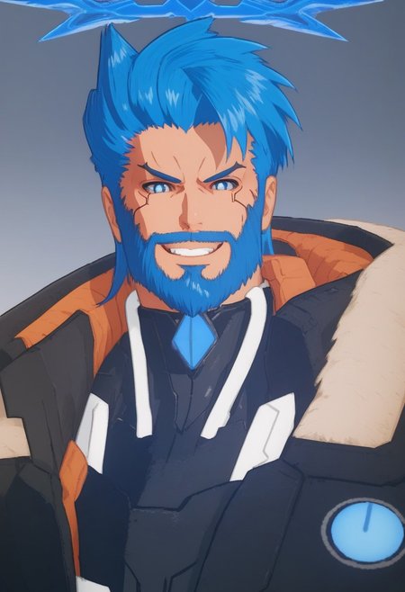 Casual_Q_Clloseup, Cast_Closeup_halo, Cast_Q, Casual_Q _Jacket, Casual_Q_Closeup, Casual_Q male, blue short wild hair, goatee, serious, muscular,  anime, cyberpunk, portrait shot, upper torso, closeup face, narrow eyes, blue mechanical eyes, Bara(may be needed), ((closeup shot)), headshot, strong facial features, scruffy beard, blue hair, short wild hair, smirking, looking at viewer, toothy smile, In a city, cityscape,