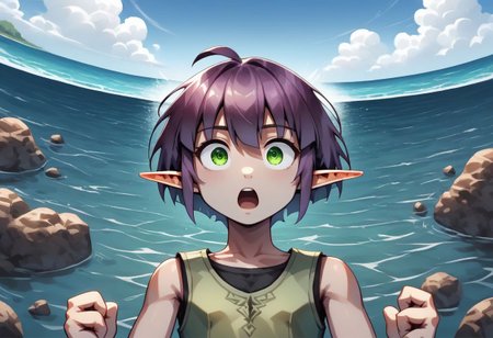 Lapanya, 1 person, solo, pointy ears, ((snout nose)), flat chest, small nostrils, short stature, skinny arms, ((hazel irises)), fair skin, ((dark lilac hair)), short hair, tomboy haircut, small nostrils, 3 fingers 1 thumb ((Sleeveless green vest, fitted black undershirt, black pantaloons, fully clothed))
Falling from the sky, midair, falling towards the ocean, wide eyes, aftaid expression, open mouth 
Clouds above, ocean below
clean lines, up close, upper body focus, highly detailed face, high quality, best quality,  score: 9, score: 8 up, rating: safe