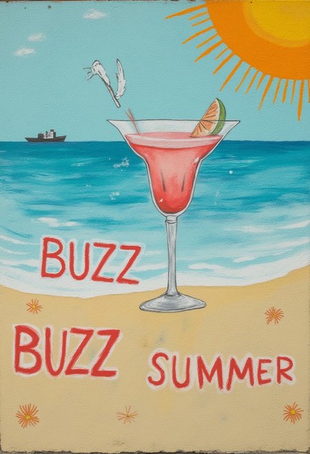 k3c4 style art, walled painting, 
beach, cocktail drink,
the text on the sand reads "BUZZ BUZZ SUMMER"