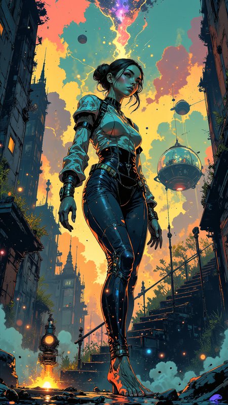 High-resolution anime-style illustration with bold, expressive brushstrokes and surreal, dreamlike energy. A vast, floating staircase spirals endlessly into a sky of shifting colorsâdeep blues melting into neon pinks, streaks of gold cutting through like liquid lightning. A stunning young woman with elegantly styled twin buns, soft strands framing her face, ascends barefoot, her delicate silhouette warping slightly with each step, as if reality bends around her. She wears a sleek, form-fitting bodysuit with sheer, iridescent panels that shimmer between fabric and pure energy, accentuating her curves. Strange, glowing symbols drift through the air, while massive, floating keyholes open into glimpses of impossible landscapesâendless oceans suspended upside down, forests growing within clouds, and cities trapped inside glass spheres. Her expression is confident yet curious as she reaches toward an unseen force above, her fingertips briefly dissolving into light before reforming. Gravity feels optional, time uncertain, the world pulsing with an abstract, otherworldly rhythm <lora:Vibrantly_Dark_style_v.1:0.8> <lora:Anime_Art_V3:0.7000000000000001> <lora:Inkpunk_Flux:0.5>