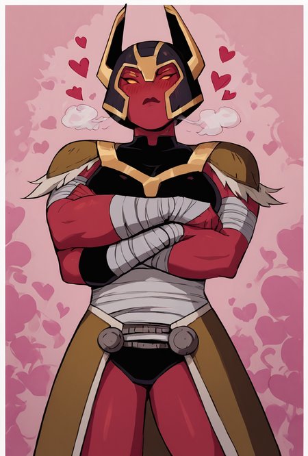 score_9, score_8_up, score_7_up,,  good quality ,, character focus, solo, , best quality ,    <lora:looma-09:1>  looma, solo, red skin, armor, 1girl, bandages, shoulder armor, helmet, horns,  crossed arms, white borders, simple background, pink background, blushing, abstract background, hearts, steam,  <lora:Expressive_H:1> Expressiveh <lora:haku_512:1> haku,