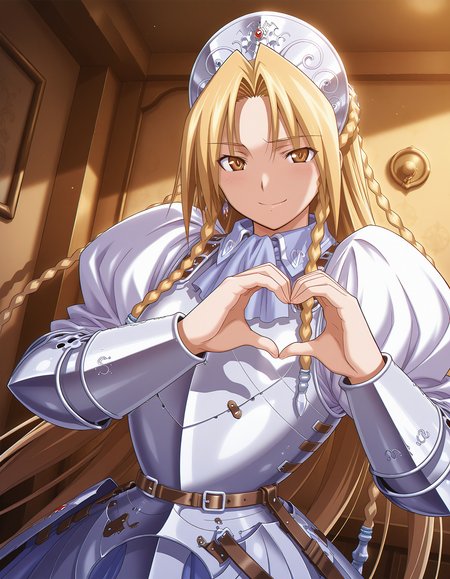 masterpiece, best quality, amazing quality, ultra high res, official art, incredibly absurdres, ultra detailed, 
1girl, solo, iria(ryouki_ii), blonde hair, long hair, twin braid, brown eyes, beautiful detailed eyes, detailed face, 
armored dress BREAK 
happy, tender smile, looking at viewer, 
standing, heart hands, 
in room, upper body, (chromatic aberration:1.3), night, dynamic angle, deep contrast of light and dark, moody lighting, natural light, soft shadows, detailed shadow, sharp focus, depth of field, 
 <lora:iria(ryouki_II) v1.0-000014:0.9>  <lora:StS-Illustrious-Detail-Slider-v1.0:2>