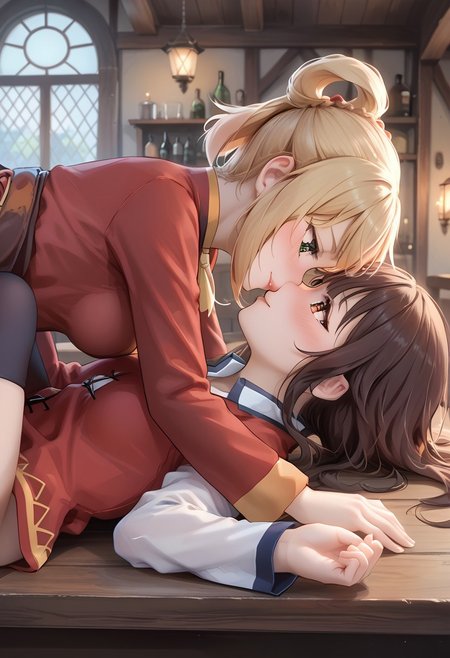 score_9, score_8_up, score_7_up, source_anime, 
Detailed face, detailed eyes, very detailed, good quality, 
Konosuba, BREAK, 2girls, darkness, large breast, blonde hair, ponytail, green eyes smirk, BREAK, 2girls, Megumin, small breast, brown hair, red eyes, short, small body shortstack, BREAK, couple, lying, kiss, on back, blushing, all four, straddling <lora:Kisssing_with_one_lying_back:1
Tavern, tavern background, on a wooden table,