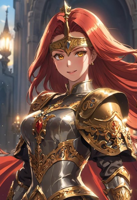 (best quality) , (highly detailed) , (best quality) , (highly detailed) ,((masterpiece)), ((best quality)), (ultra-detailed), ((extremely detailed)), (high resolution), 4K, (8K), best quality, (beautiful), (dynamic lighting), (super detailed skin), sharp focus, 1girl
<lora:fana_v1:1>,fana,circlet,red hair,yellow eyes, smiling, long hair
<lora:Fixhands_anime_bdsqlsz_V1:1>,
BREAK
 smile, cape, open mouth, laughing, smiling, upper teeth, confident, pauldrons, sitting, holding sword, armored boots,(((medieval armor,adventurer armor))),((,embroidered clothes,ornate armor, renaissance armor,))) (((lustrous skin:1.5,bright skin: 1.5,skin,shiny skin,very shiny skin,shiny body,plastic glitter skin,exaggerated shiny skin,illuminated skin))),(detailed body,(detailed face)), Standing, hands on cheeks