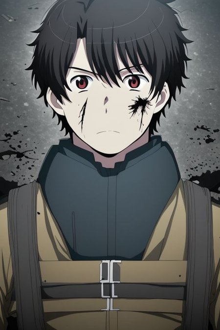 high resolution, solo, best quality, 1Boy, Portrait, Inaho Kaizuka, Black Hair, fell down, revenged, conquered, dying, battered, bruised,