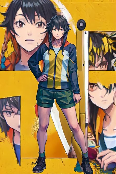 Chiemi Serizawa, black hair, blunt bangs, braided hair, brown eyes, yellow shirt, green coat, blue patch, denim shorts,, boots, yellow shirt, tracksuit