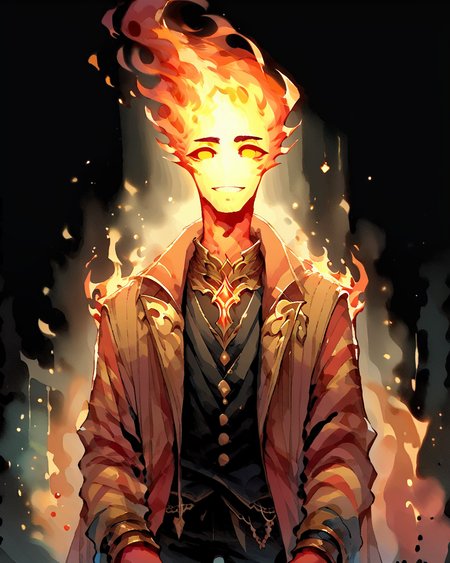 score_9, score_8_up, score_7_up, intricate details, rating_questionable,
<lora:SoftWatercolors:1>, SoftWaterColor, <lora:firehuman:1>, 
1man(firehuman, fiery body, solo, cowboy shot, looking at the viewer, red iris, happy, twink, ), black background, 
<lora:ral-chrosc-clr:0.5>, ral-chrosc-clr,
<lora:Expressive_H:0.5>
<lora:xl_more_art-full_v1:0.3>,
<lora:add-detail-xl:0.3>,