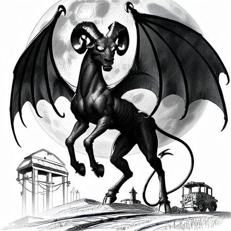 Score_7_up, score_8_up, csr style,full body, jerseydevil, monster, wings, long tail, full body, curled horns, feral, black skin, blank eyes, white eyes, hooves, farmland, nighttime, full moon, monochrome, black and white