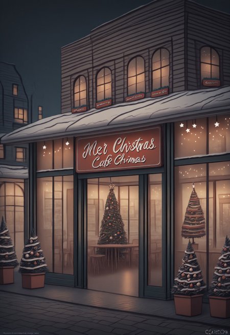 masterpiece, absurdres, best quality, Christmas Aesthetic, no humans, scenery, christmas, window, christmas tree, storefront, sign, outdoors, shop, christmas ornaments, plant, building, watermark, night, artist name, potted plant, cafe, english text, star (symbol), merry christmas, reflection