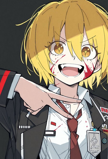 <lora:dagashiya_ai_art:0.8>,
<lora:doramukann:0.8>,
<lora:g0thicILL:0.8>, g0thic, neon,
 don_quixote \(project moon\),blonde hair,yellow eyes,flat_chest,
[[artist:yoneyama mai], kankan33333, [[artist:ciloranko]], [artist:sho {sho lwlw}]],1girl,solo,looking at viewer,pose,
collared shirt,jacket,necktie,upper body,v,happy,blood on face,
simple background,best quality,amazing quality,very aesthetic,absurdres,