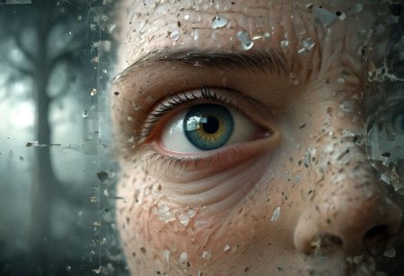 (numbers, binary code, computer circuits:0.6), (Split double exposure, torn paper effect), (capture the essence of free will, deep oranges, deep blacks, deep blues, airy aura, fog, silhouettes, computer parts, very carefree and happy, black chromes), (closeup pupils reflection of dying humanity:1.8), (artist design by Norman Bluhm and Erwin Blumenfeld), (5mm, bokeh, blur, rim lighting, film grading, cinematic lighting, film still), (art definition by Hans Bellmer and Stephen Gammell), (digital hud overlay, lots of data points, numbers and metrics, blueprint of human heart:1.1),