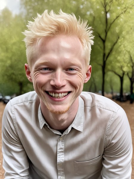 professional photograph, high resolution, 30yo drewsynthxl, portrait, solo, realistic, laughing, albino,
face focus, from above,
in the park, overcast