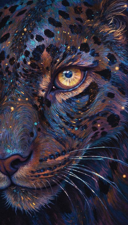 open_Impressionism,DIGITAL PAINTING,FLUORESCENT, GLOW,pointillist tetradic color dot technique,D4rch,fluidart style, scattered white dots,  Extreme close-up of a jaguar's eye, showcasing the intricate details and vibrant hues of its iris. Utilize a chiaroscuro lighting technique to emphasize the texture of the fur and create a sense of depth. The background should be tenebrous and out of focus, drawing the viewer's attention to the mesmerizing gaze. Render the image with hyperrealistic detail, capturing every nuance of the jaguar's fierce beauty.