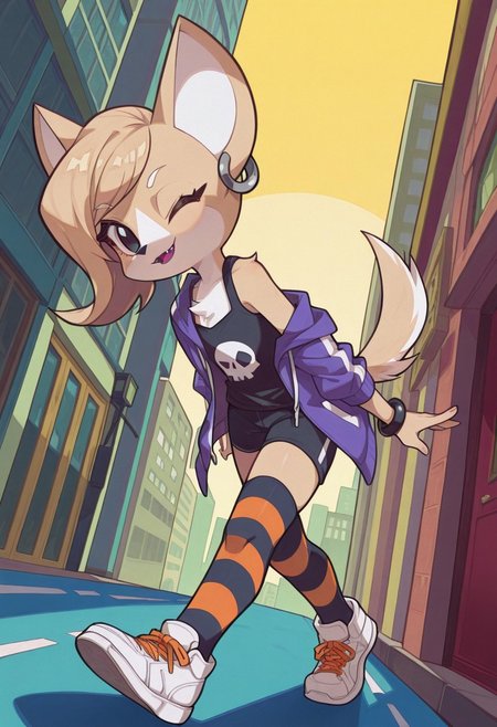 score_9, score_8_up, score_8, score_7_up, score_7, masterpiece, best quality, 7A3IFRHPR_illu, full body, walking, side view, looks at viewer,
BREAK   
fashionable, black shirt with skull print, fashionable shorts, striped thighhighs, jacket off shoulder, sleeveless jacket, bracelet, bulky white sneakers, orange laces,
BREAK
Maddy, 1girl, solo, animal ears, furry female, animal nose, tail, body fur, two-tone fur, earrings, white fur, black eyes, flat chest, jewelry, blonde hair, hoop earrings, short hair, long eyelashes, parted lips, long eyelashes, fangs, chest fluff, happy, one eye closed, 
BREAK
detailed background, city, high contrast, vivid lighting, unique angle, detailed and dynamic, 8k, hyper details, unique angle,