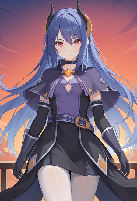 highres, best quality, masterpiece, sunset,
1girl, solo, pcrrei, very long hair, blue hair, demon horns, red eyes,
reipcdef, black choker, purple shirt, black dress, clothing cutout, black capelet, blue belt, black skirt, skirt under dress, high-low skirt, elbow gloves, black gloves, white pantyhose,
looking at viewer, serious, smile,
standing, cowboy shot,
<lora:_rei_pcr-elesico-ilxlAb-000002:1>