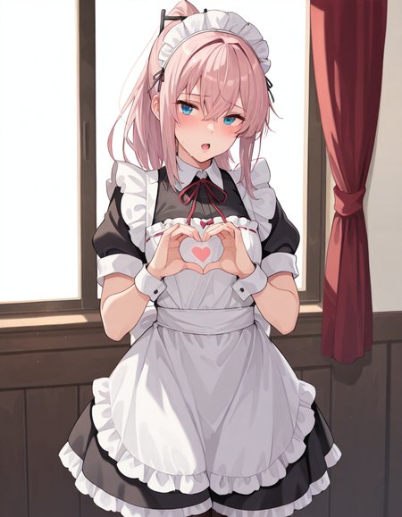 Volumetric Lighting, (masterpiece), (best quality), (ultra-detailed), masterpiece, source_anime, score_9, score_8_up, score_7_up BREAK, illustration, disheveled hair, detailed eyes, perfect composition, moist skin, intricate details BREAK, STAR15, 1girl, solo, long hair, blush, open mouth, blue eyes, dress, ribbon, hair between eyes, ponytail, pink hair, short sleeves, heart, pantyhose, cowboy shot, frills, apron, black dress, wrist cuffs, black pantyhose, maid, maid headdress, white apron, maid apron, frilled apron, enmaided, heart hands, shiranui (kancolle)