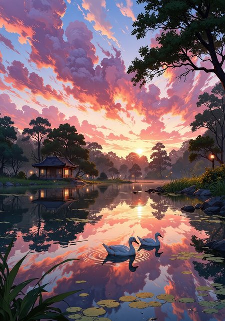 As the sun sets over a beautiful spring garden, the sky turns into a dreamy canvas of lavender, purple, and rose gold. A gentle breeze sends bright green leaves dancing across the pond’s surface, where two white ducks rest in the pond. The water reflects the burning hues of the sky, blending reality with a surreal warmth. In the distance, a small tea house with glowing lanterns invites weary travelers, and the air smells of spring rain, warm earth, and faint hints of growing grass. A scene filled with growth, tranquility, and soft enchantment.
VibrantlySharp style., Anime art