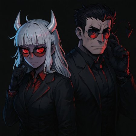 masterpiece, best quality, newest, absurdres, highres, 
SDPV1.0, Duo, duo focus, simple background, black background, neon lights, NeoAV1.0, ultraviolet light,
1boy, helltaker (helltaker), black hair, short hair, muscular, muscular male, sunglasses, glasses, 
1girl, lucifer (helltaker), black suit, red necktie, black collared shirt, black gloves, blunt bangs, demon horns, demon girl, demon tail, red eyes, white hair, long hair