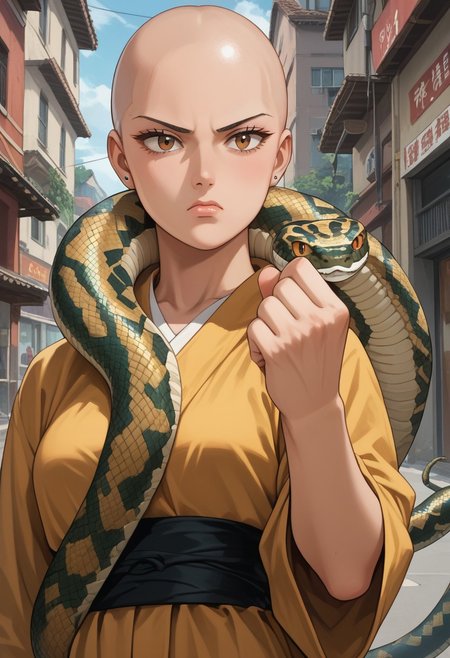 score_9,score_8_up,score_7_up,score_6_up,score_5_up,source_anime,1girl, female saitama, bald girl, brown eyes 19yo, standing, one hand ready to strike , clenched fist, bored, snake, snake on shoulders,