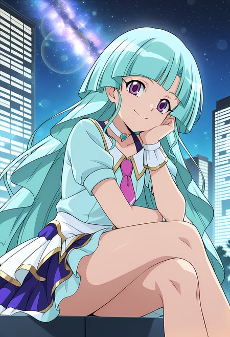 masterpiece,best quality,amazing quality,

solo, 

Saya Yatomi (Cardfight Vanguard), long hair, aqua hair, purple eyes, choker, jewelry, necktie, short sleeves, idol, idol outfit, skirt,

looking at viewer, smile, cheeks leaning on arm, 

cinematic, crossing legs, 

Outdoors, night, On top skyscraper, sci-fi city, (galaxy sky:1.2),

Lens flare, bloom, detailed shadow,

Official style, anime screencap, anime coloring,












