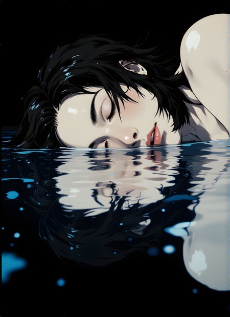 The scene is enveloped in a deep, ethereal blue hue that casts an almost surreal atmosphere over the entire composition. The subject lies on their back, their face partially submerged in what appears to be water, creating a striking mirror effect. The surface of the water acts as a perfect plane, reflecting the contours and details of their features with remarkable clarity.
Their hair is dark and slightly tousled, falling naturally around their head. The strands are illuminated by the cool blue light, which gives them a shimmering quality, as though they are made of liquid metal. The contrast between the dark hair and the bright blue background enhances the visual impact, drawing attention to the symmetry of the reflection.
The subject's eyes are closed, lending an air of tranquility or perhaps introspection to the image. Their skin is smooth and pale, its texture subtly highlighted by the interplay of light and shadow. The reflection in the water mirrors this serenity, doubling the sense of calmness and stillness.
The overall ambiance is one of quiet contemplation, as if time has slowed to a standstill. The cool tones of blue dominate the scene, evoking feelings of depth and mystery. The mirrored effect adds a layer of intrigue, blurring the line between reality and reflection, making it difficult to discern where the subject ends and the water begins. It is a moment frozen in time, where the boundary between the physical world and its reflection dissolves into a harmonious whole., <lora:FLUX\jul\J_Anime:0.7>, <lora:FLUX\RealAnime:0.7>