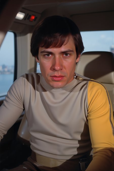 a young handsome man with black longer hair wearing beige s1999unf with right yellow sleeve piloting a spaceship<lora:S1999_FLUX><lora:aidmaMJ6.1-FLUX-V0.1:0.6><lora:Movie_Portrait><lora:Flux DetailerV2>