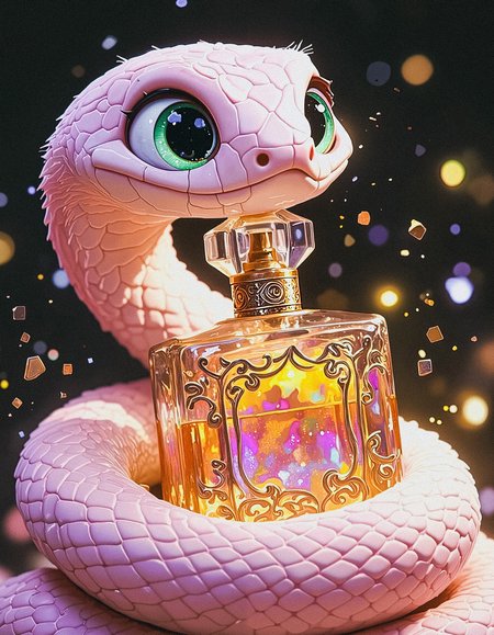 A whimsical, ultra-cute pink snake with an incredibly fluffy texture, its body covered in soft, pastel-pink scales that shimmer faintly under the light. Its wide, expressive eyes are a vibrant, glossy green, filled with wonder and a perpetually surprised expression, giving it an endearing, cartoonish charm. The snake is playfully curled around a luxurious, ornate perfume bottle, its coils gently hugging the glass. The bottle is a masterpiece of design, with intricate golden filigree patterns etched into its surface, reflecting light like a prism. The liquid inside glows with a mesmerizing, iridescent hue, casting a soft, colorful radiance that illuminates the scene. The bottle is the sole light source, creating a dreamy, magical ambiance with its warm, golden glow and scattered rainbow reflections dancing across the snake’s fluffy body and the surrounding darkness. The background is a deep, velvety black, making the vibrant colors of the snake and bottle pop vividly, creating a striking contrast.