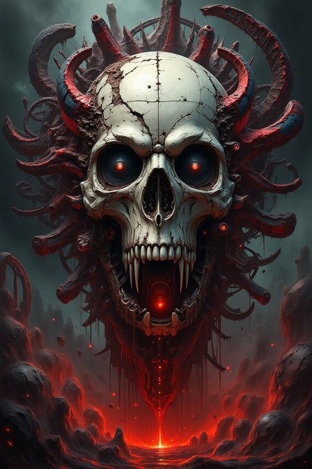 yfg-sm0rg, Abstract digital painting with dark and red hues, depicting a menacing skull with a shattered, chaotic background, featuring fragmented, roller-coaster- like structures, with intricate textures and vibrant colors. The scene should include a rich variety of elements, each contributing to the overall atmosphere. Lighting should be soft, diffused, and natural, enhancing the depth and realism of the scene. The mood is to be calm yet vibrant, creating a sense of serenity and wonder. Every detail in the scene should be meticulously rendered, emphasizing the contrast between light and shadow, and capturing the fine textures and subtle gradients. The color palette should be carefully chosen to evoke emotion, with each hue enhancing the aesthetic appeal of the overall composition. The final image should be immersive and captivating, drawing the viewer into its intricately detailed world.