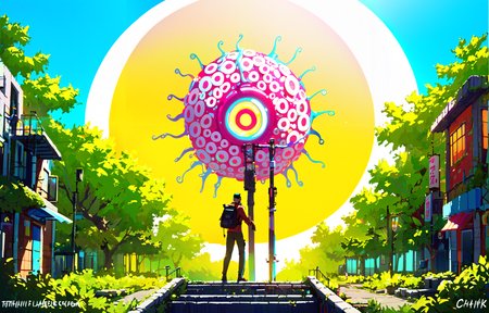 score_9, score_8_up, score_7_up, score_6_up, 8k, best quality, masterpiece, (ultra-detailed:1.1), good background, 
[<lora:TheUltimateShowdown-pony-Tanger-000005:0.75>::0.75], 
The ultimate showdown, player faces the boss, cg, l  outdoors, tree, scenery, lamppost, plant, building, 1boy, power lines, solo, colorful, pants, utility pole, standing, sun, sunset, wide shot, traffic light, tentacles, a colorful painting of a man standing on a bridge, an image that has an orange, purple, yellow, and blue background,