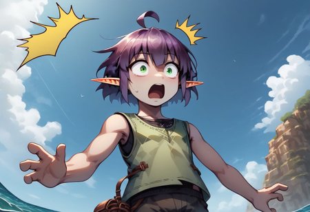 Lapanya, 1 person, solo, pointy ears, ((snout nose)), flat chest, small nostrils, short stature, skinny arms, ((hazel irises)), fair skin, ((dark lilac hair)), short hair, tomboy haircut, small nostrils, 3 fingers 1 thumb ((Sleeveless green vest, fitted black undershirt, black pantaloons, fully clothed))
Falling from the sky, midair, falling towards the ocean, wide eyes, shocked expression, open mouth 
Clouds above, ocean below
clean lines, up close, upper body focus, highly detailed face, high quality, best quality,  score: 9, score: 8 up, rating: safe