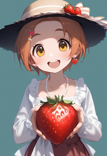 1girl,
ryuzaki kaoru,


hairclip, blush, frills, smile, holding food, hat, simple background, jewelry, strawberry, heart earrings, fruit, yellow eyes, short hair, orange hair, long sleeves, solo, looking at viewer, food, pearl necklace, :d, holding fruit, pearl hair ornament, hair ornament, necklace, heart, sun hat, upper body, open mouth, earrings, holding, thick eyebrows, dress,

sfw
<lora:a31_char_new_ryuzaki_kaoru-000026:1> <lora:a31_style_koni-000010:0.8>