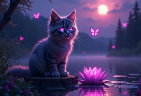 Masterpiece, 4k, 8k, high quality, highly detailed, A MaineCoon kitten with glowing purple eyes, long fluffy ears, detailed colorful fur, long thick whiskers, glowing whiskers, sitting on a stump in the middle of an enchanted lake, ((enchanted forest setting)), ((magical purple lights)), glowing pink  butterflies in background, amazing dark skyline, night time, digital concept art, glowing lotus flower in lake,