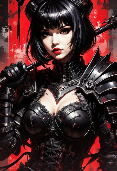 A digital painting in the style of ck-js, oriental queen of doom, short, straight black Chanel bob haircut, bangs, red lips, dark eyeshadow, make-up, porcelain skin, wearing black armour with spiked shoulder armour, with intricate laced-up detailing in the front, partially unlaced, cleavage, black helmet, holding a spiked battle-mace, dutch angle, dark red and black background