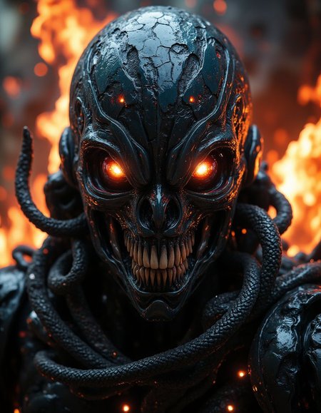high quality photograph, quarter view of riskofrain character portrait, direct eye contact, intimidating eye contact, evil character with humanoid glowing cybernetic parts out of reality from a distant hell invading earth, battle scarred, twisters from hell in the background,
captured on a (Phase One XF IQ4 150MP), rule of third composition,
 <lora:Risk_of_Rain_-_Character_Portrait_-_Style:0.1>,  <lora:MidjourneyV6.1:0.8>,  <lora:fluxenhancer:0.4>