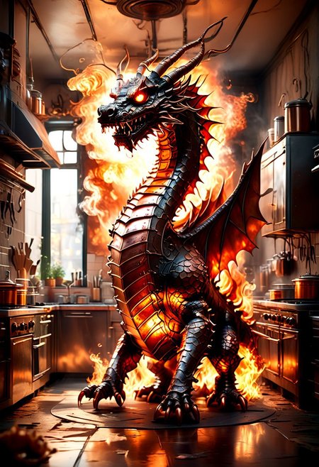 Score_9, score_8_up, score_7_up, high quality, 4k, 8k, extremely detailed, dragon in kitchen made out of copper, rendered in stunning detail by Andrei Kolkoutine. big, round eyes, adorable expression. fire, explosions, funny theme, witty, Humor and wit, Aesthetic appeal, Engagement sparks, funny