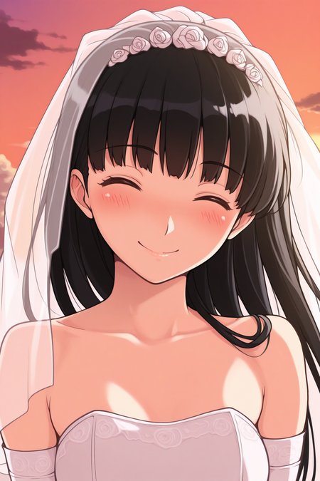 masterpiece, best quality, 1girl, solo, <lora:ayatsujitsukasa-illu-nvwls-v1-000005:1> amatsu, black hair, long hair, wedding dress, bridal veil, elbow gloves, closed eyes, smile, blush, sunset, portrait, facing viewer