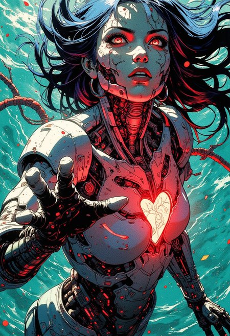 Comic book style, smooth and sharp, submerged in water, cyberpunk-female-android, biomechanical-aesthetic, dynamic-pose, dynamic pose from, view from above, character looks up at the camera, reaching out with a hand, upper-body-shot, tilted-head, glowing-red-eyes, expressionless-face, intricate-circuitry-details, exposed-cybernetic-components, glowing-heart-core, sleek-metallic-torso, cybernetic-tentacles-in-motion, dark-blue-hair-flowing, high-contrast-lighting, vibrant-teal-background-with-swirling-energy, red-and-silver-color-scheme, sci-fi-horror-vibes, dystopian-futuristic-setting, glowing-neon-accents, hyper-detailed-design, digital-art-style, ominous-yet-beautiful