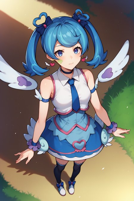 score_9,score_8_up,score_7_up,score_6_up,score_5_up,score_4_up, source_anime, aaangel, twintails, blue hair, hair bow, blue bow, blue eyes, facial mark, heart earrings, wings, heart, choker, blue necktie, sleeveless shirt, white shirt, arm strap, blue skirt, black thighhighs, <lora:blue_angel_XL_v1:0.8>, field, from above, full body, standing, wind