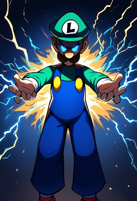 score_9, score_8_up, score_7_up 
   , masterpiece, beautiful,,electric powers, electricity bend, dynamic pose, dramatic lighting, itluigi, angry, bend knees,cartoon-style, green hat, green long-sleeved shirt, blue overalls, moustache, round nose, brown shoes, white gloves, yellow buttons, brown hair, slim, striped socks, red and white socks, l emblem on hat, looking at viewer, blue eyes,  twinkling particles, stardust, eye_trail, glowing eyes,lightning thunder trails, lthndrtrl, lot of lightning coursing along body, electric yellow glow, large sparks of electricity, masterpiece, best quality, very aesthetic, made of golden and blue and red and yellow and purple lightning thunder trails , lthndrtrl, high score, great score, absurdres, shaded face,shaded face, (black face:1.2)glowing eyes