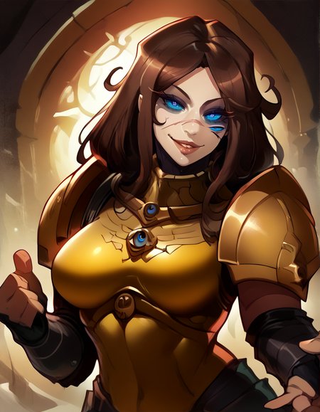 score_9, score_8_up, score_7_up,   empty background,  realistic lighting, Background: castle,
detailed eyes, mature female,fit and slim,1 girl, dynamic pose, motion, parted lips, 
(( custodian of tzeentch, three eyes, two eyes on left side, )) blue eyes, brown hair,  eye glow, squint, armor, medium breasts,hands on frame, scars on body, hand reaching to viewer, smirk, leaning closer, bend over, close up on bust, ominous, head tilt, full body, 
<lora:Custodian_of_Tzeentch_new:1>,
<lora:reiq_style:1>
 <lora:cutesexyronutts_style_xl:0.4> csr style
 <lora:Breasts_Apart_PDXL_V1:0.4>,