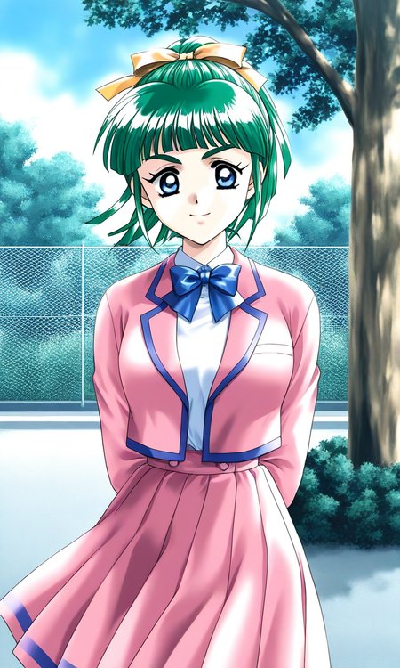 general,highres, ultra-detailed,very aesthetic,best quality ,best hands, BREAK <lora:Iijima_Miyuki_kakyuusei_Ver2.0_IS:1>
Iijima_Miyuki(kakyuusei), 1girl, solo, green hair, high ponytail, bangs, short hair, blue eyes, hair ribbon,Yellow ribbon, breasts, smile, 
school uniform, tree, pink skirt, fence, pink blazer, pink jacket, goard skirt, blue line jacket,
arms behind back,
long sleeves, chain-link fence, 
 outdoors, bowtie, blue bow,