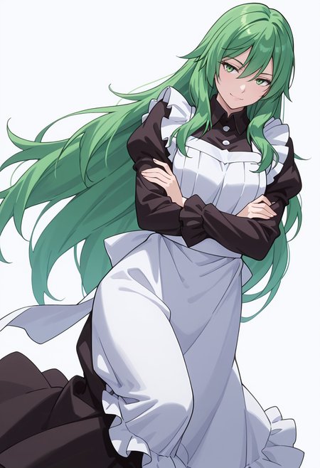 Smooth Quality,masterpiece,very intricate, high quality details, ultra realistic, high detailed skin,detailed enviorement,absurdres,
simple background, white background,
dynamic pose, arms crossed, one leg bent, confident stance, slight head tilt, relaxed hands,  ,dutch angle,seductive smile,solo,
 <lora:Misery_cnn:0.8> 1girl, green hair, green eyes, hair between eyes, frown, very long hair, sidelocks,dress, shirt,maid apron, puffy sleeves, long sleeves, juliet sleeves, enmaided,