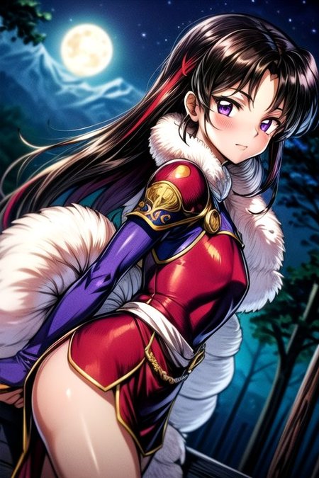 best quality 1girl Setsun4 solo long hair,  (night time) forest background black hair very long hair purple eyes multicolored hair armor, small, (fur trim) (medium body),<lora:EMS-179-EMS:0.800000>,<lora:EMS-293862-EMS:0.800000> bow, hair_bow, hair_tubes, red_bow, brown_hair, long_hair, bangs, ascot, frilled_bow, yellow_ascot, blush, smile, hair_between_eyes, athletic, armor, miko, ,(((intricate outfit,intricate clothes,embroidered outfit,ornate outfit,embroidered clothes,ornate clothes))), strengthmda