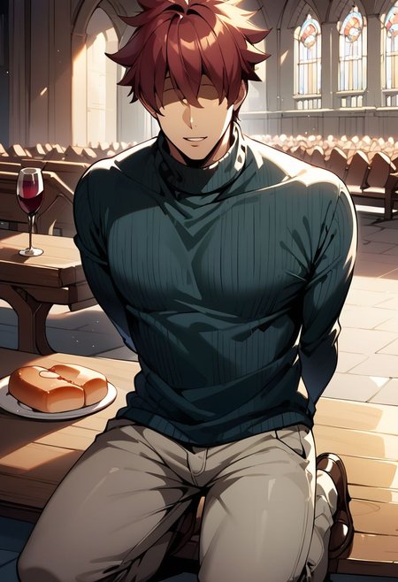 male focus, score_9, score_8_up, score_7_up, source_anime, rating_safe, 1boy, solo, shunib, mature male, turtleneck, ribbed sweater, pants, kneeling, hands behind back, at a church indoors, church aisle, benches, bread on a plate, wine in goblet, gold goblet,