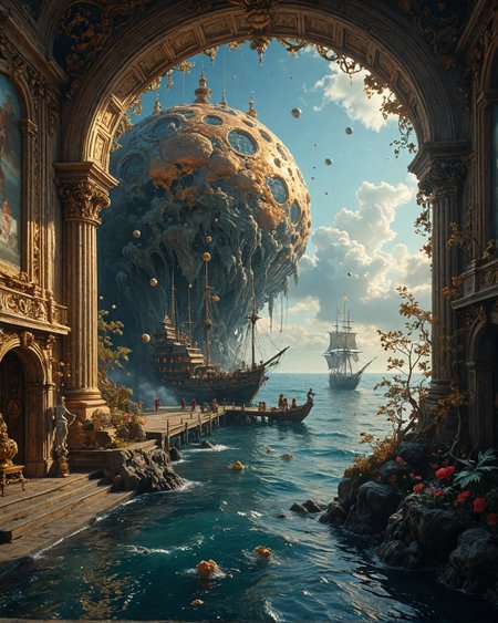 Ships sailing on mercury oceans, beast, meteorite-fragment outpost with,
 ghostly spore clouds, Baroque platinum filigree on pearlescent walls, translucent resin bridges in, black-sand-beach coves, Druidic living-root networks style, hypernova burst coronas,
<lora:tbh124-sdxl:0.15> style of Jean-Antoine Watteau,
<lora:tbh129-sdxl:0.15> style of Michael Cheval,
<lora:Sinozick:0.15>,
<lora:add-detail-xl:0.7>,
<lora:aidmaMJ6.1_v0.5_2:0.3> aidmamj6.1,
<lora:Flux-XL_Scenery:0.15> flux-scenery,
<lora:Flux-style-xl-lora:0.15> flux-style,
8K resolution, ultra-detailed cinematic composition, contemporary concept art style, volumetric magical atmosphere with ethereal glow, rich complementary color palette, vivid gradients and chiaroscuro contrast, dynamic perspective with layered depth of field, inspiring awe-inspiring mood, Unreal Engine 5 render quality, intricate textures, flawless anatomy, rule of thirds composition, luminous highlights, surreal ambiance, award-winning illustration, harmonious balance of light and shadow, photorealistic details, ArtStation trending, chromatic accents, nostalgic futurism, dreamlike serenity, bold creativity, professional finish, sharp focus, ambient background, fascinating dynamic motion,, Baroque art style, dynamic composition, dramatic lighting, rich colors, intricate details, professional-grade execution, captures the grandeur and theatricality of the Baroque period