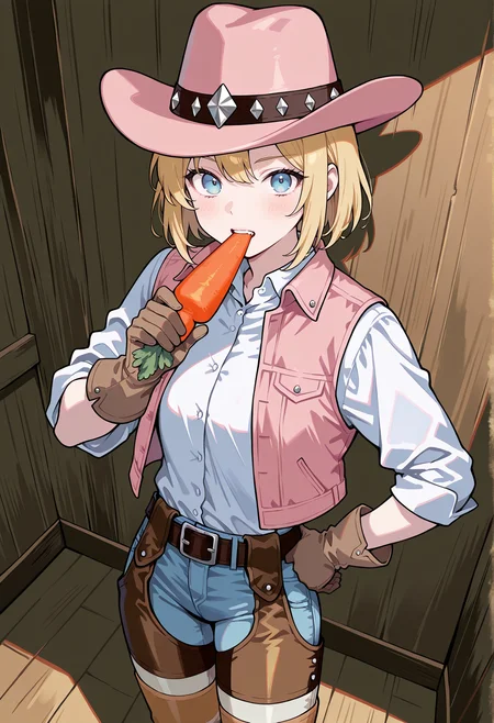 1girl, cowboy hat, blonde hair, blue eyes, short hair, white shirt, short sleeves, pink vest, gloves, jeans, chaps, solo, indoors, wood walls, wood floor, holding carrot, offering to viewer, biting carrot <lora:Kathy_suiko:1>, masterpiece, best quality, amazing quality, very aesthetic, absurdres, highres, newest